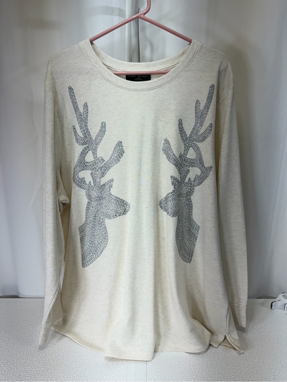 Lane Bryant Cream Long-Sleeve Top with Gray Reindeer Motif 4187